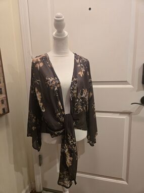 By Together Floral Sheer Kimono Style Knot Wrap Top With Floral Design